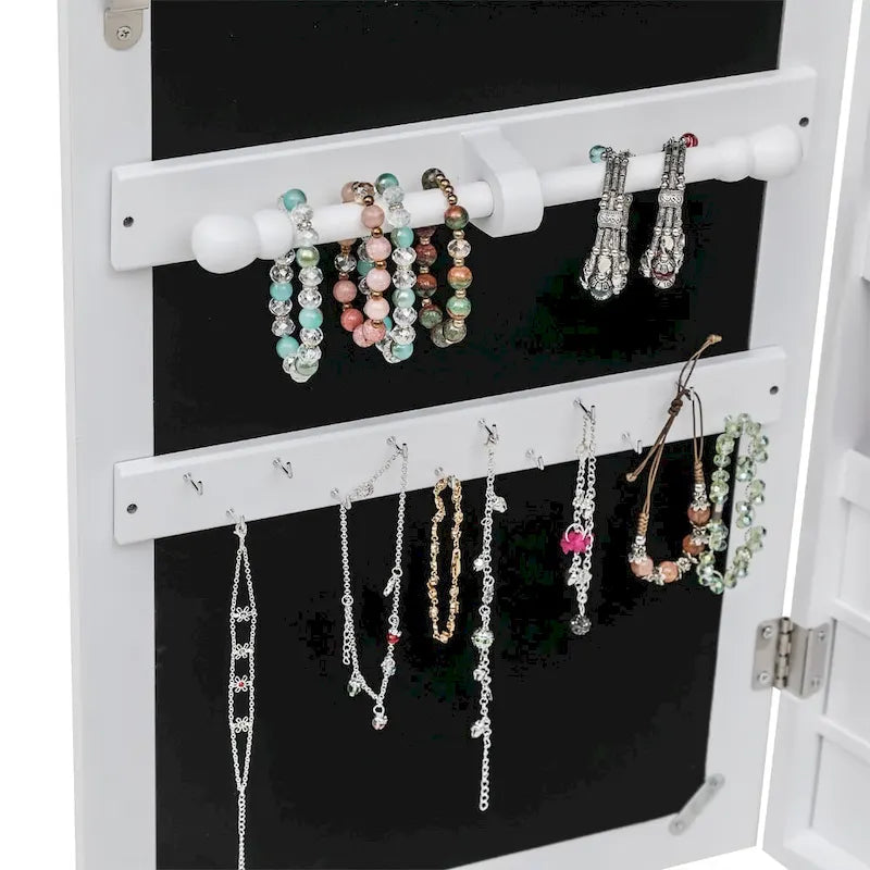 White Wall Mounted Jewelry Armoire Cabinet with Mirror and Six Drawers