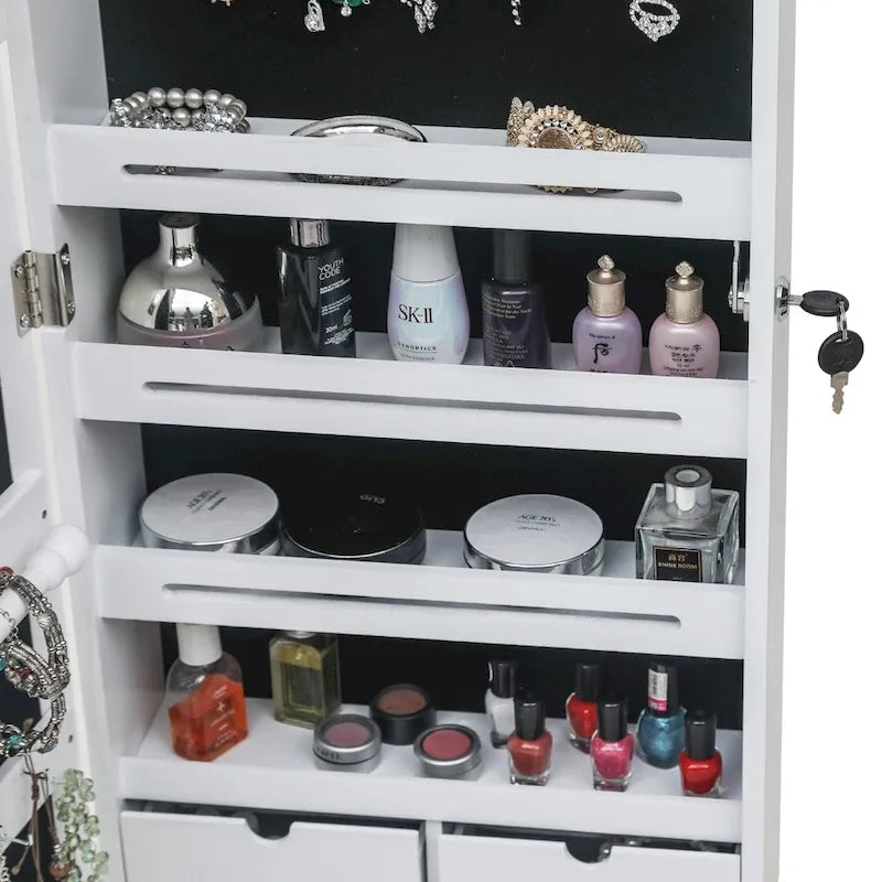 White Wall Mounted Jewelry Armoire Cabinet with Mirror and Six Drawers
