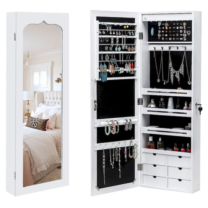 White Wall Mounted Jewelry Armoire Cabinet with Mirror and Six Drawers