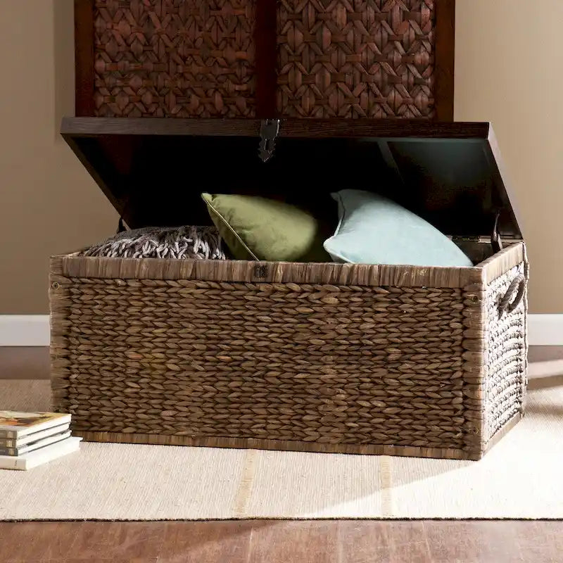Espresso Woven Water Hyacinth Storage Trunk Coffee Table with Lid