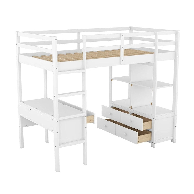 Loft Bed with Built-in Desk, Storage Shelves, Drawers – White & Grey
