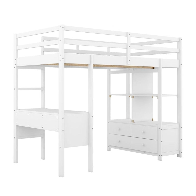 Loft Bed with Built-in Desk, Storage Shelves, Drawers – White & Grey