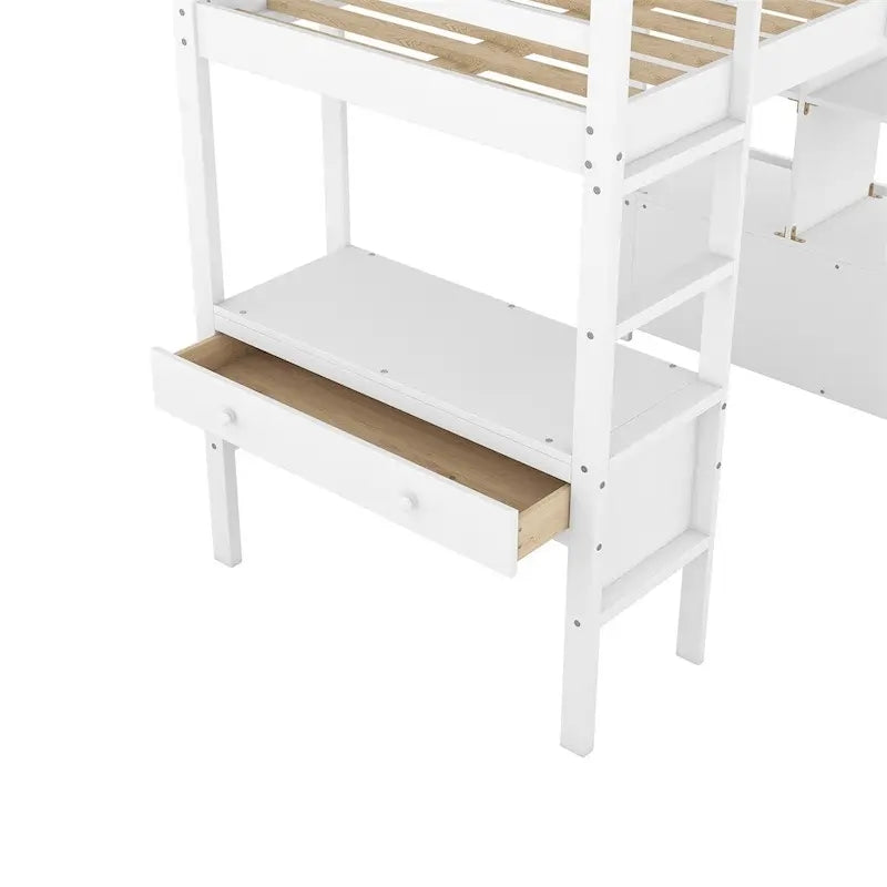 Loft Bed with Built-in Desk, Storage Shelves, Drawers – White & Grey