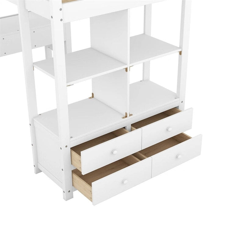 Loft Bed with Built-in Desk, Storage Shelves, Drawers – White & Grey