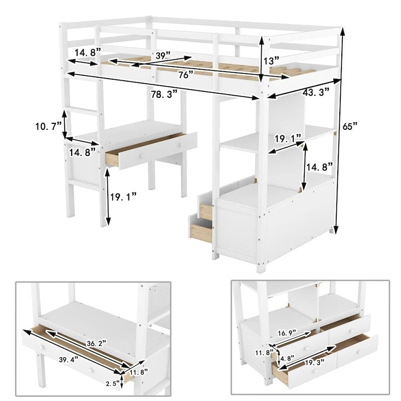 Loft Bed with Built-in Desk, Storage Shelves, Drawers – White & Grey