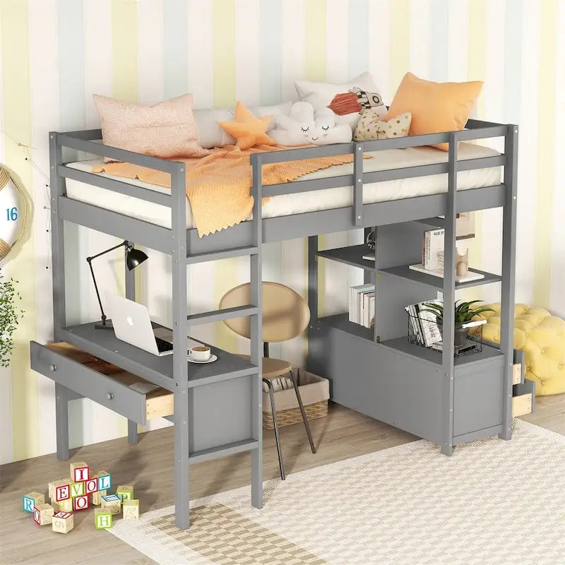 Loft Bed with Built-in Desk, Storage Shelves, Drawers – White & Grey