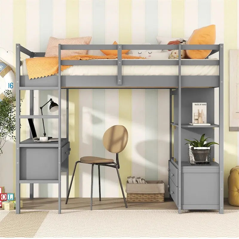 Loft Bed with Built-in Desk, Storage Shelves, Drawers – White & Grey