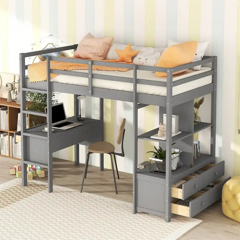 Loft Bed with Built-in Desk, Storage Shelves, Drawers – White & Grey