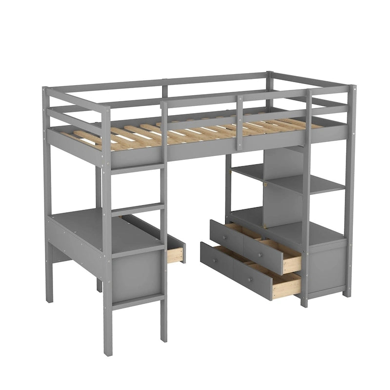 Loft Bed with Built-in Desk, Storage Shelves, Drawers – White & Grey