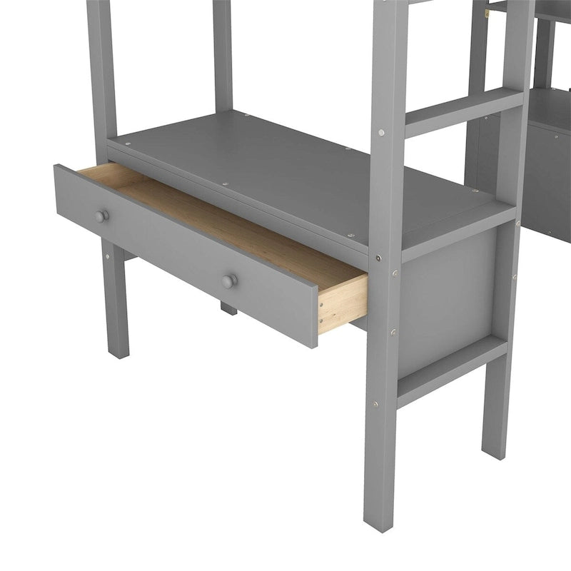 Loft Bed with Built-in Desk, Storage Shelves, Drawers – White & Grey