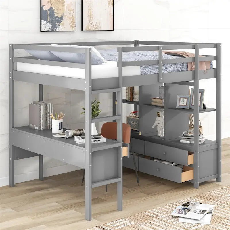 Loft Bed with Built-in Desk, Storage Shelves, Drawers – White & Grey