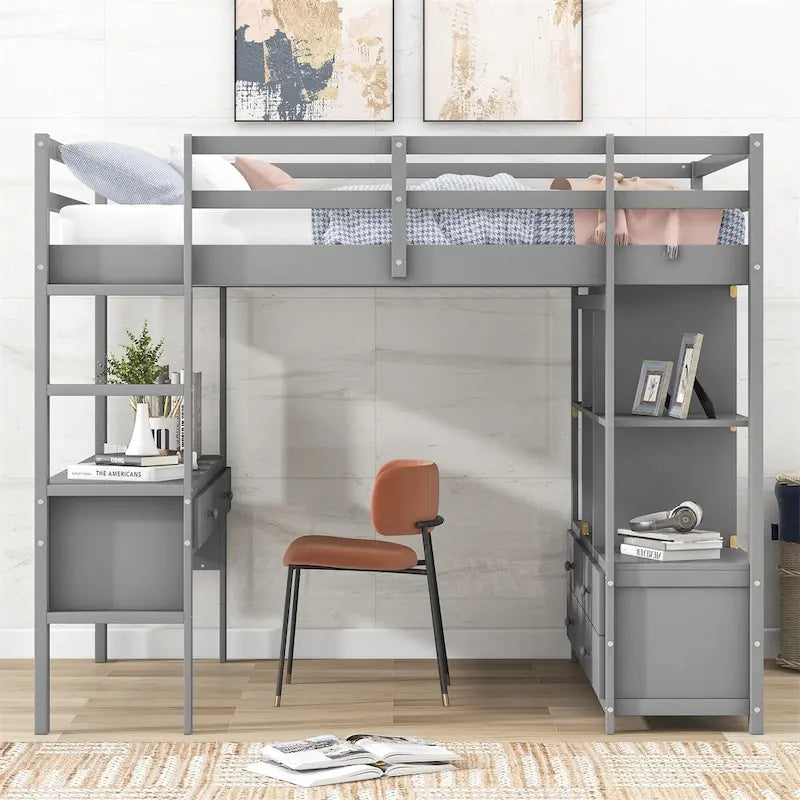 Loft Bed with Built-in Desk, Storage Shelves, Drawers – White & Grey