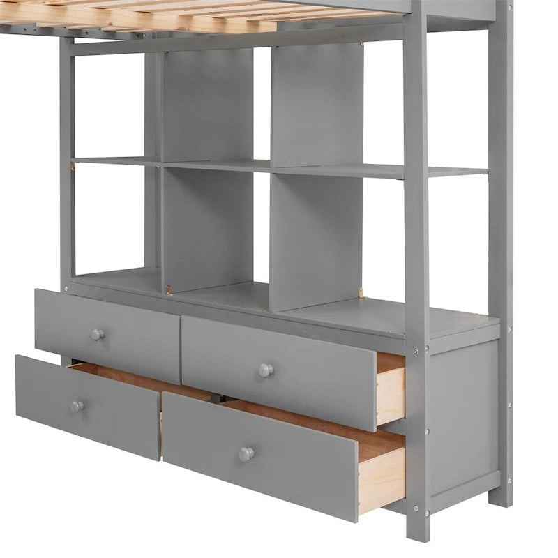 Loft Bed with Built-in Desk, Storage Shelves, Drawers – White & Grey