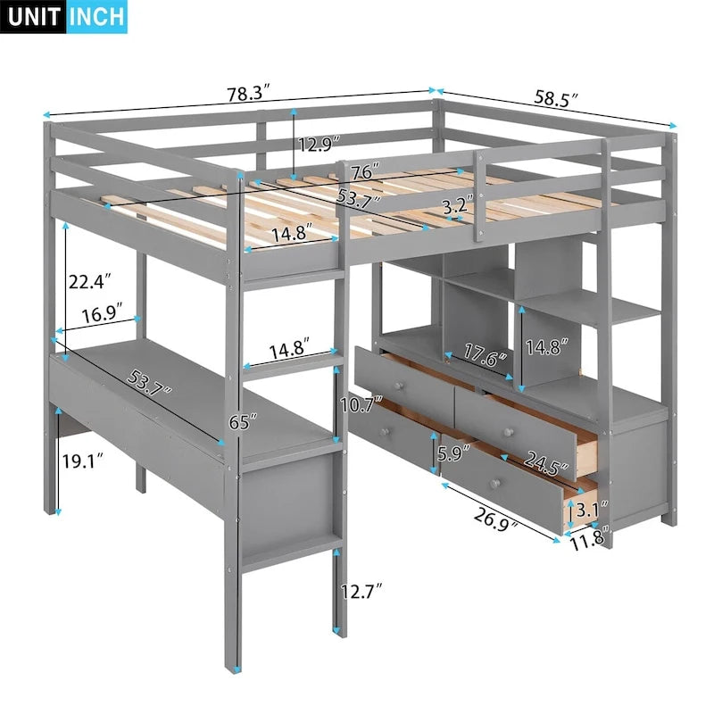 Loft Bed with Built-in Desk, Storage Shelves, Drawers – White & Grey
