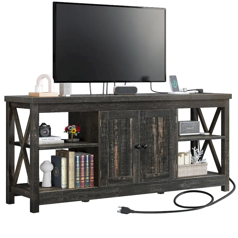 Farmhouse TV Stand with Storage Shelves and USB Charging Ports, Dark Oak & White