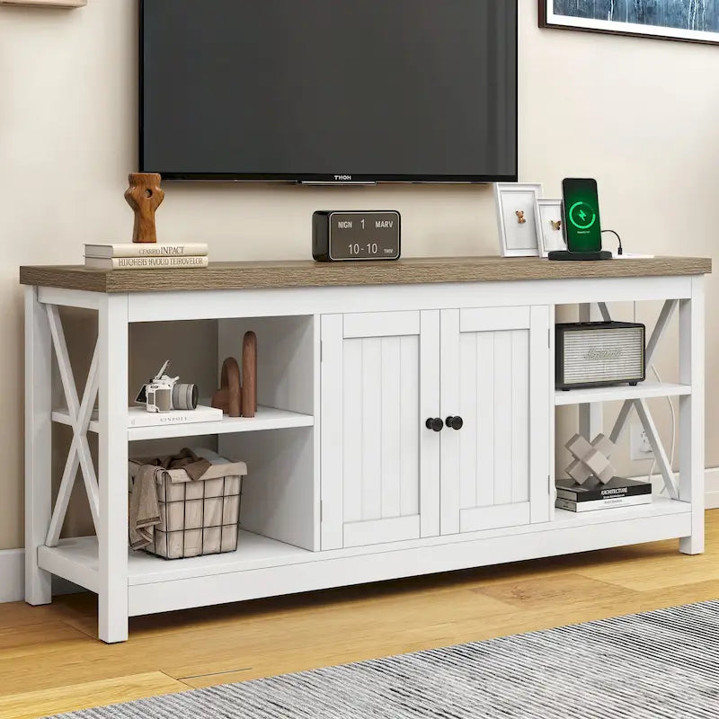 Moasis Farmhouse 59 TV Stand Entertainment Center with Storage Shelves for TVs up to 65-inch