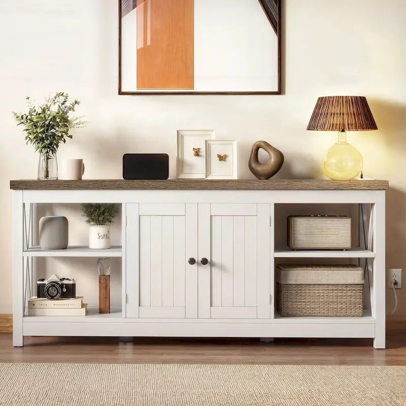 Farmhouse TV Stand with Storage Shelves and USB Charging Ports, Dark Oak & White