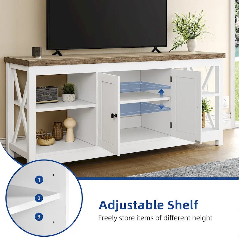 Farmhouse TV Stand with Storage Shelves and USB Charging Ports, Dark Oak & White