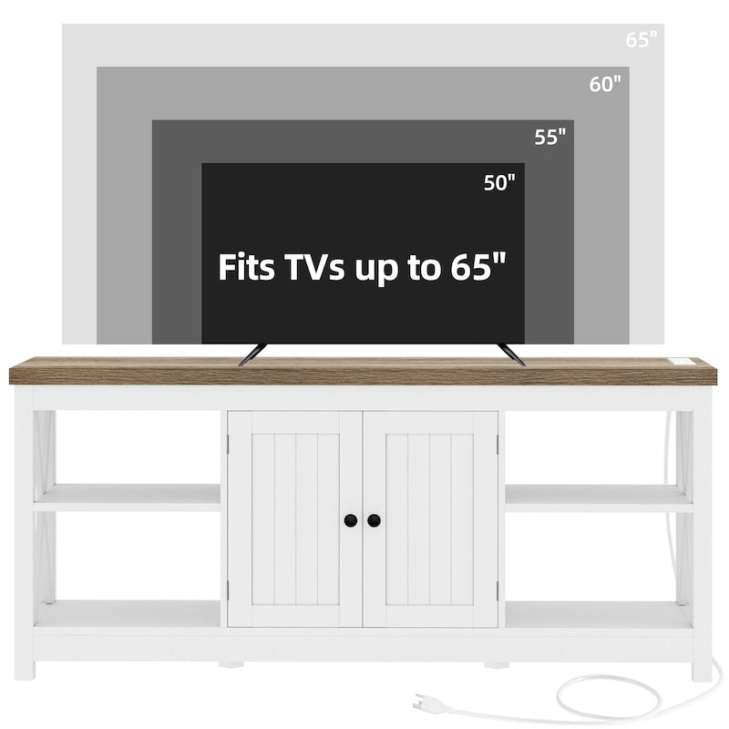 Farmhouse TV Stand with Storage Shelves and USB Charging Ports, Dark Oak & White
