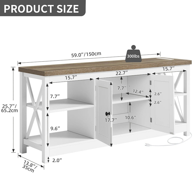 Farmhouse TV Stand with Storage Shelves and USB Charging Ports, Dark Oak & White