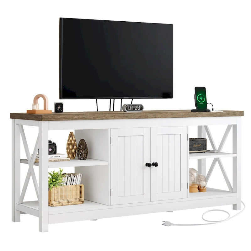 Farmhouse TV Stand with Storage Shelves and USB Charging Ports, Dark Oak & White