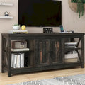 Farmhouse TV Stand with Storage Shelves and USB Charging Ports, Dark Oak & White