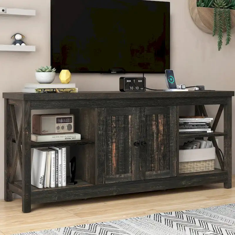 Farmhouse TV Stand with Storage Shelves and USB Charging Ports, Dark Oak & White