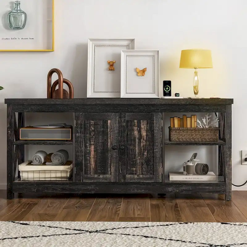Farmhouse TV Stand with Storage Shelves and USB Charging Ports, Dark Oak & White
