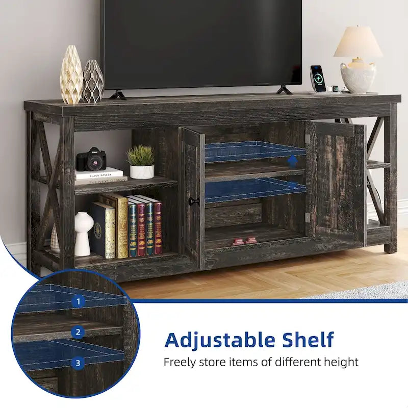 Farmhouse TV Stand with Storage Shelves and USB Charging Ports, Dark Oak & White