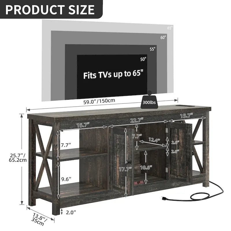 Farmhouse TV Stand with Storage Shelves and USB Charging Ports, Dark Oak & White