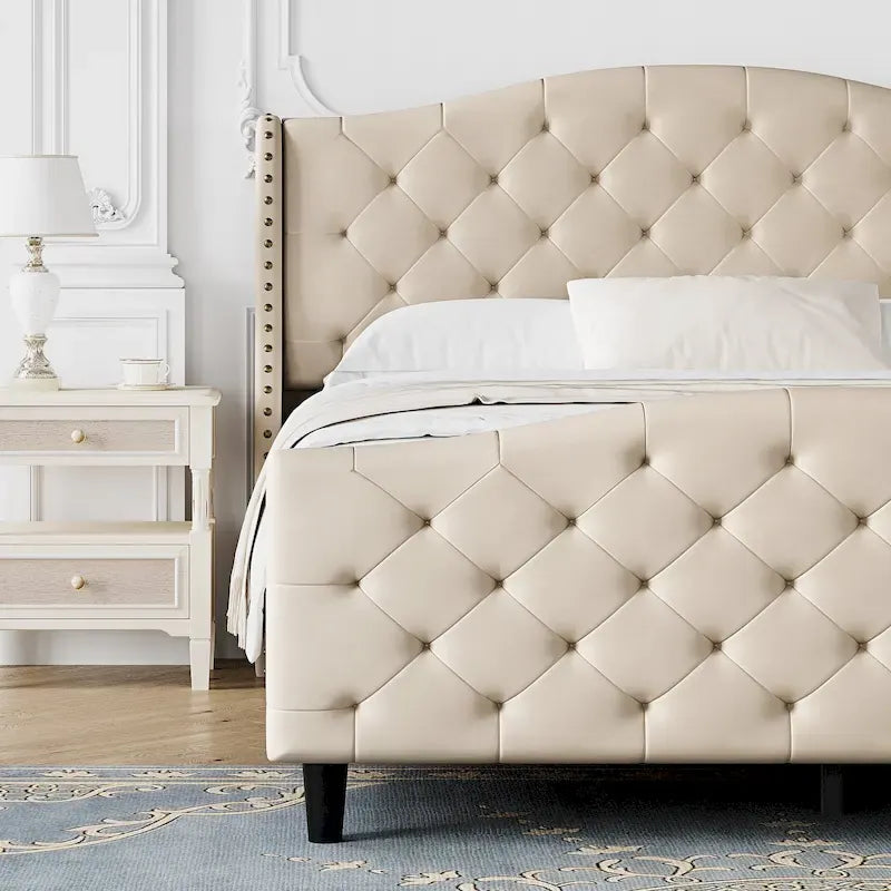 Bed Frame With Velvet Upholstered Headboard And Footboard