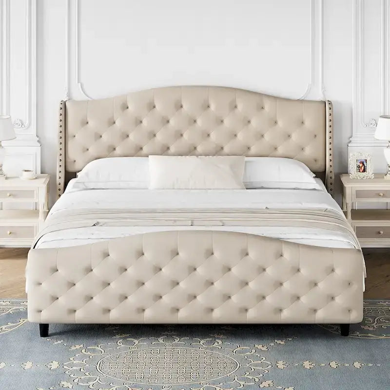 Bed Frame With Velvet Upholstered Headboard And Footboard