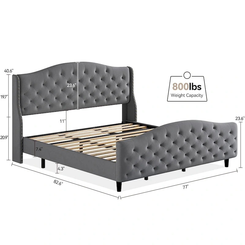 Bed Frame With Velvet Upholstered Headboard And Footboard