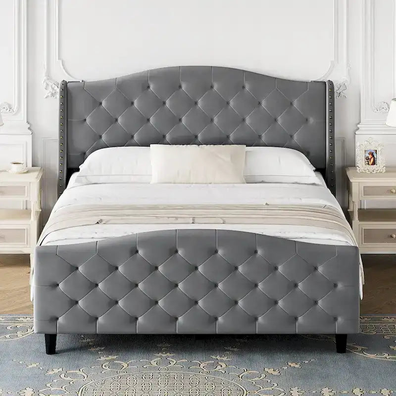 Bed Frame With Velvet Upholstered Headboard And Footboard