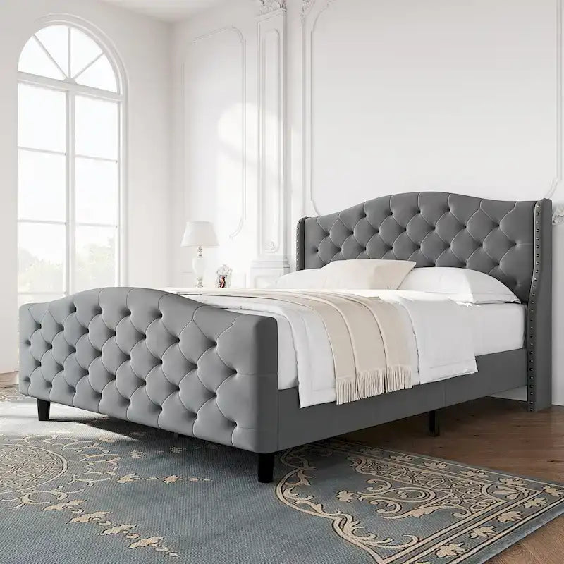 Bed Frame With Velvet Upholstered Headboard And Footboard
