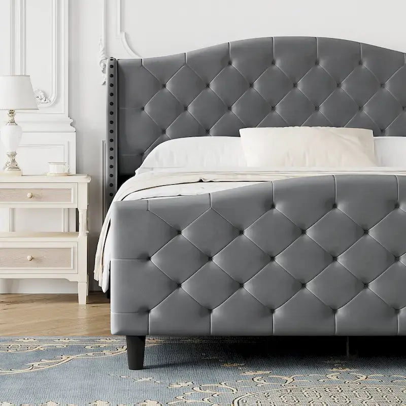 Bed Frame With Velvet Upholstered Headboard And Footboard