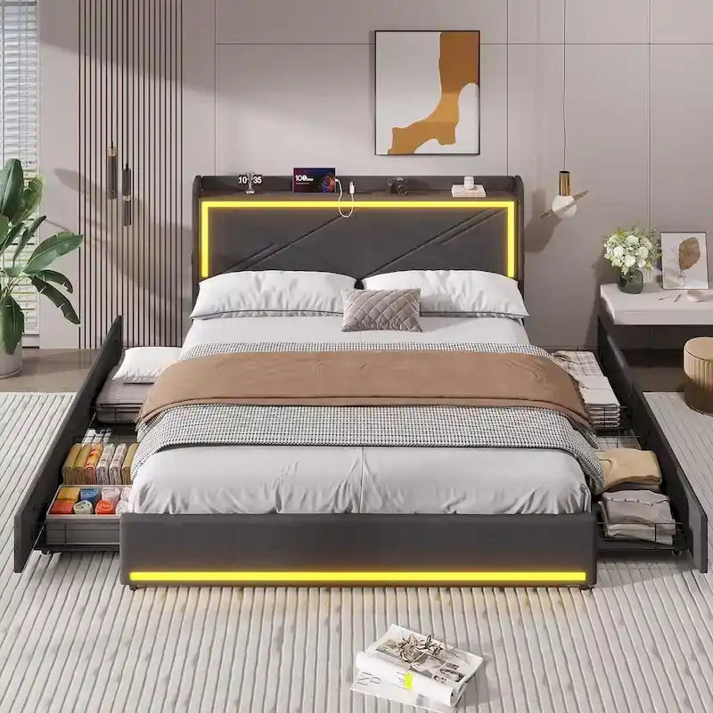 Bed Frame LED Lights Headboard & USB-C/A Charging Station 4 Drawers