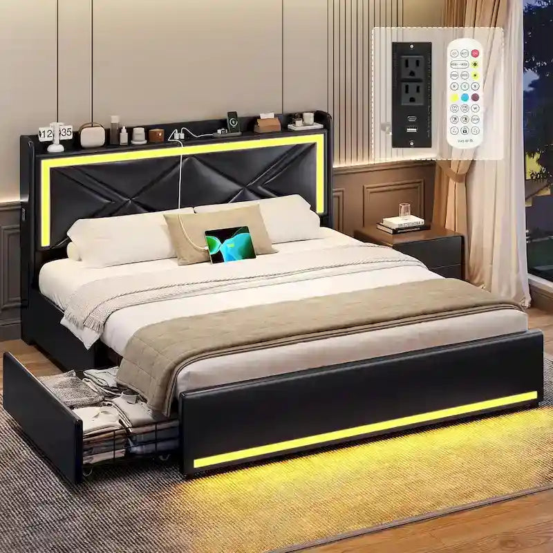 Bed Frame LED Lights Headboard & USB-C/A Charging Station 4 Drawers