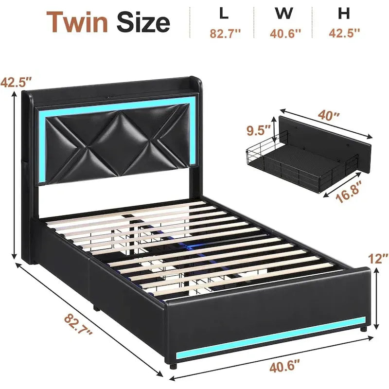 Bed Frame LED Lights Headboard & USB-C/A Charging Station 4 Drawers
