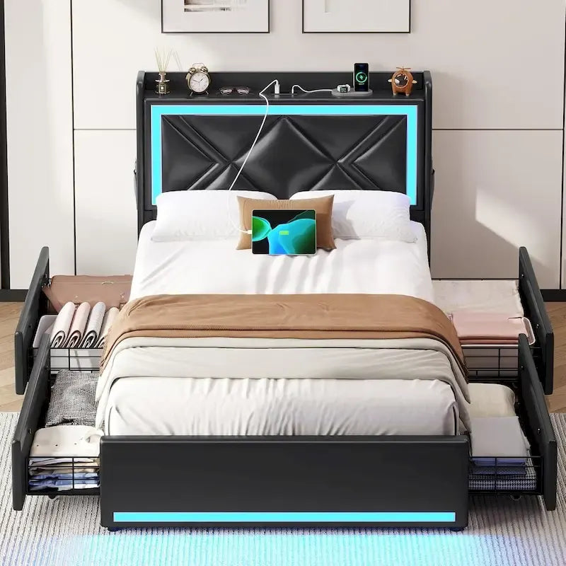 Bed Frame LED Lights Headboard & USB-C/A Charging Station 4 Drawers