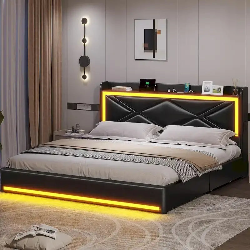 Bed Frame LED Lights Headboard & USB-C/A Charging Station 4 Drawers