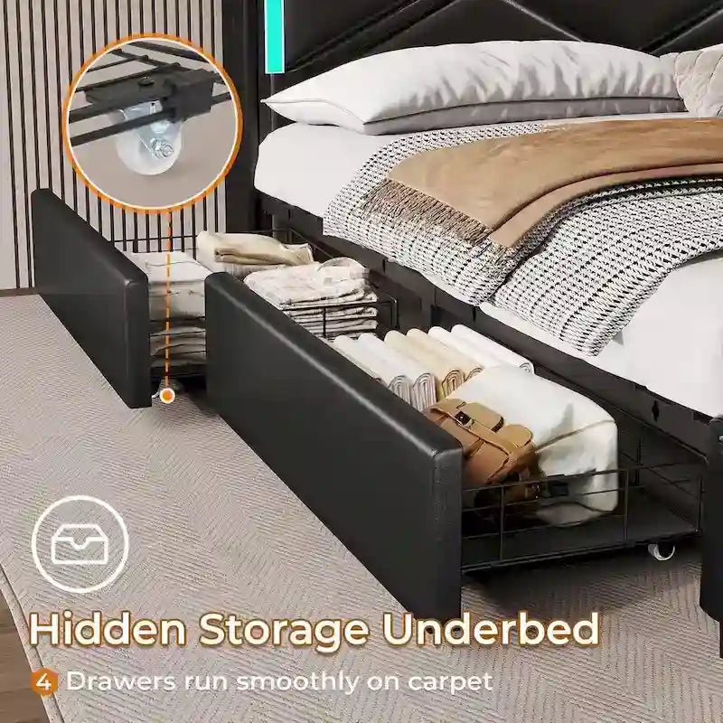 Bed Frame LED Lights Headboard & USB-C/A Charging Station 4 Drawers