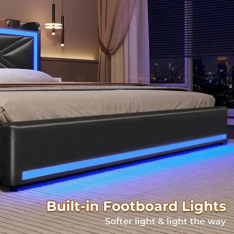 Bed Frame LED Lights Headboard & USB-C/A Charging Station 4 Drawers
