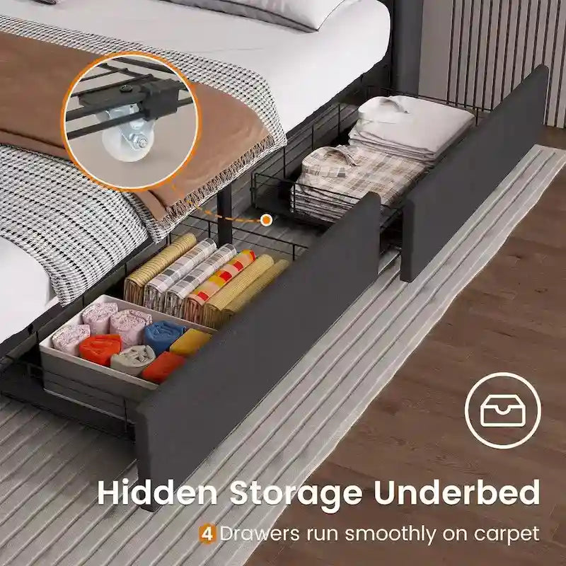 Bed Frame LED Lights Headboard & USB-C/A Charging Station 4 Drawers