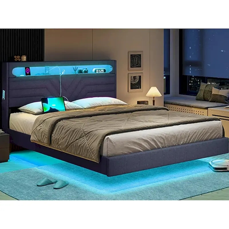 Bed Frame LED Lights Headboard & USB-C/A Charging Station 4 Drawers