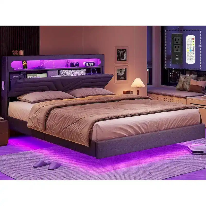 Bed Frame LED Lights Headboard & USB-C/A Charging Station 4 Drawers