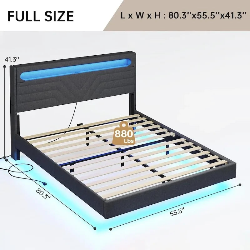 Bed Frame LED Lights Headboard & USB-C/A Charging Station 4 Drawers