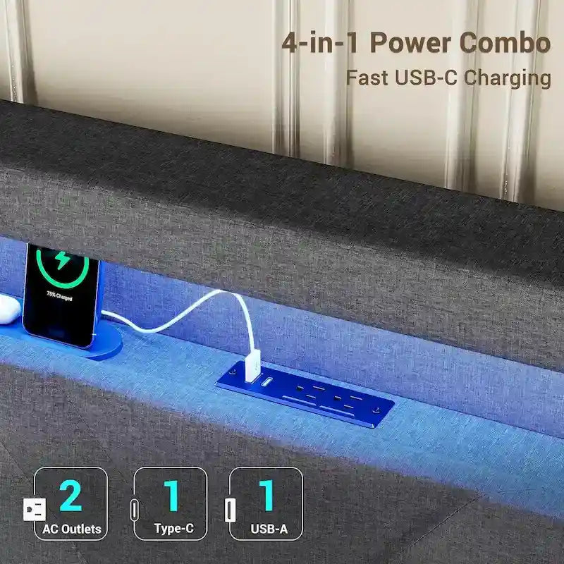 Bed Frame LED Lights Headboard & USB-C/A Charging Station 4 Drawers