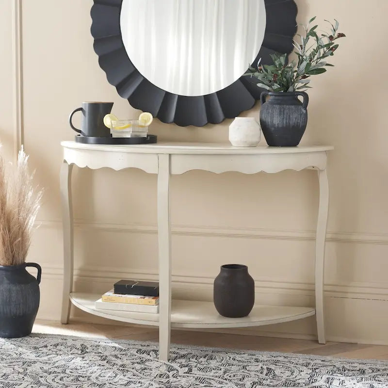 French Scalloped Half Moon Console Table with Bottom Shelf
