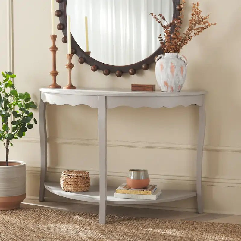 French Scalloped Half Moon Console Table with Bottom Shelf